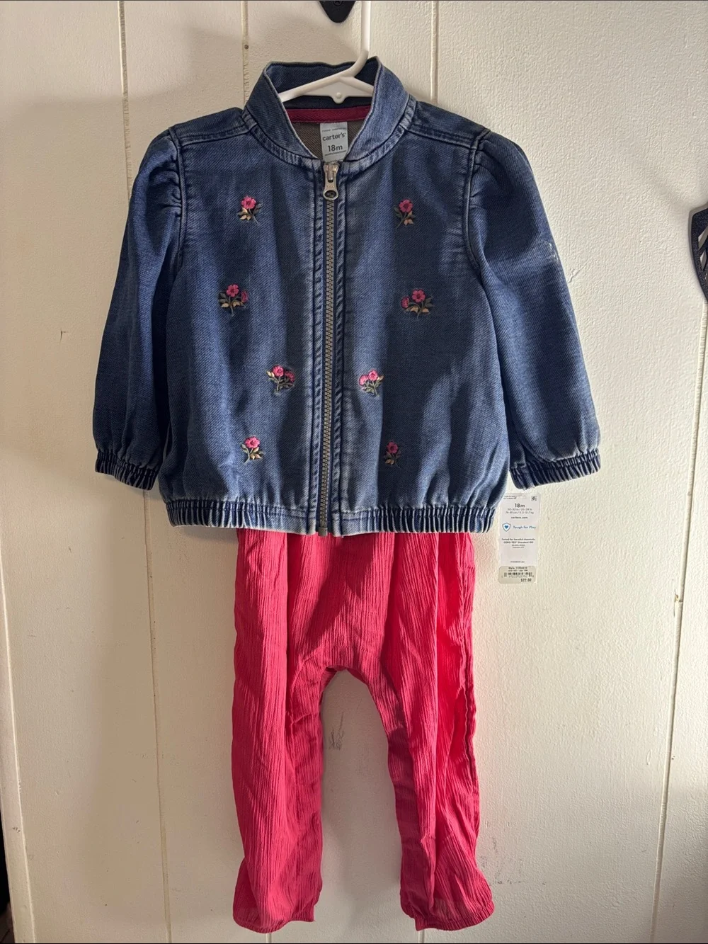 221-Carter's Navy Denim Jacket with Bright Pink Bow Romper